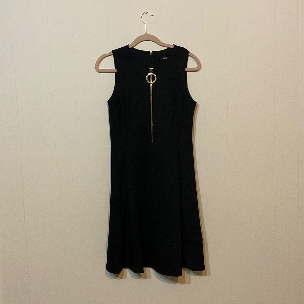 DKNY Black Midi Dress with Gold Front Zipper